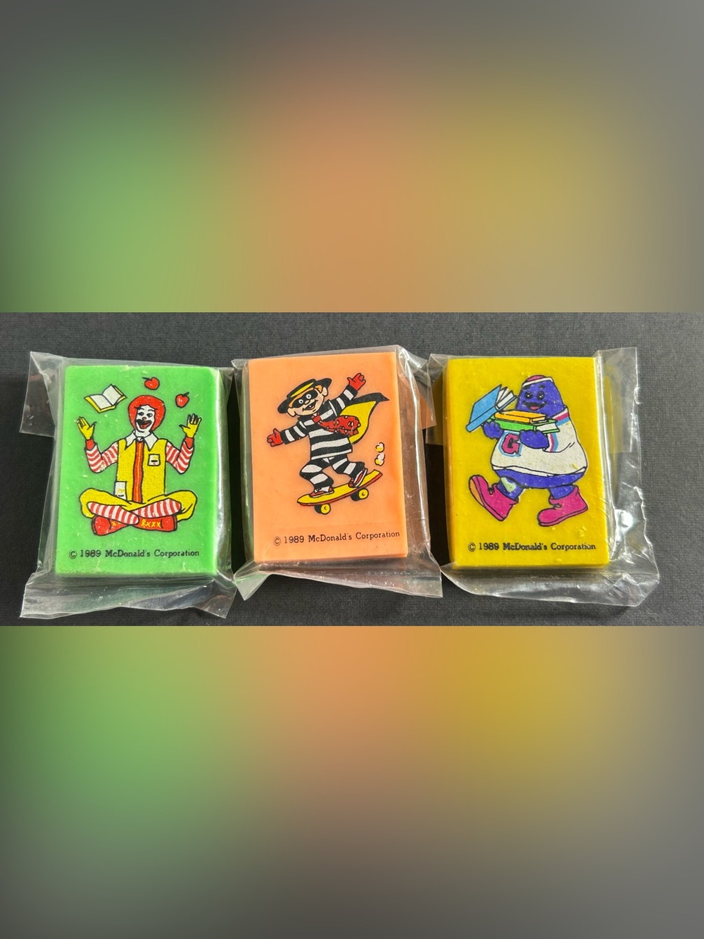 3 Vintage McDonald's Grimace, Ronald McDonald, & Hamburglar Collectible Erasers